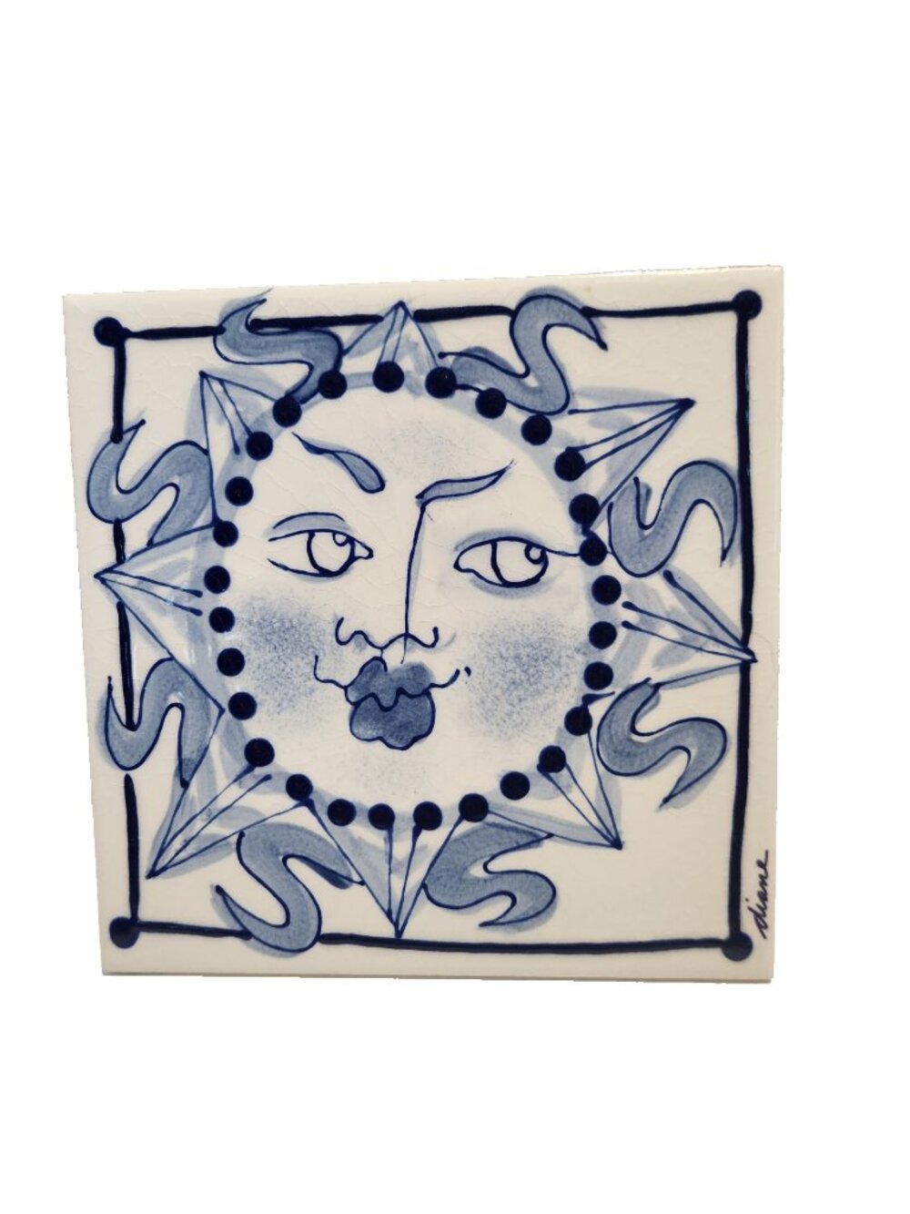 Diane Artwork Handpainted Sun Face Trivet Ceramic Tile Blue White Signed Vintage